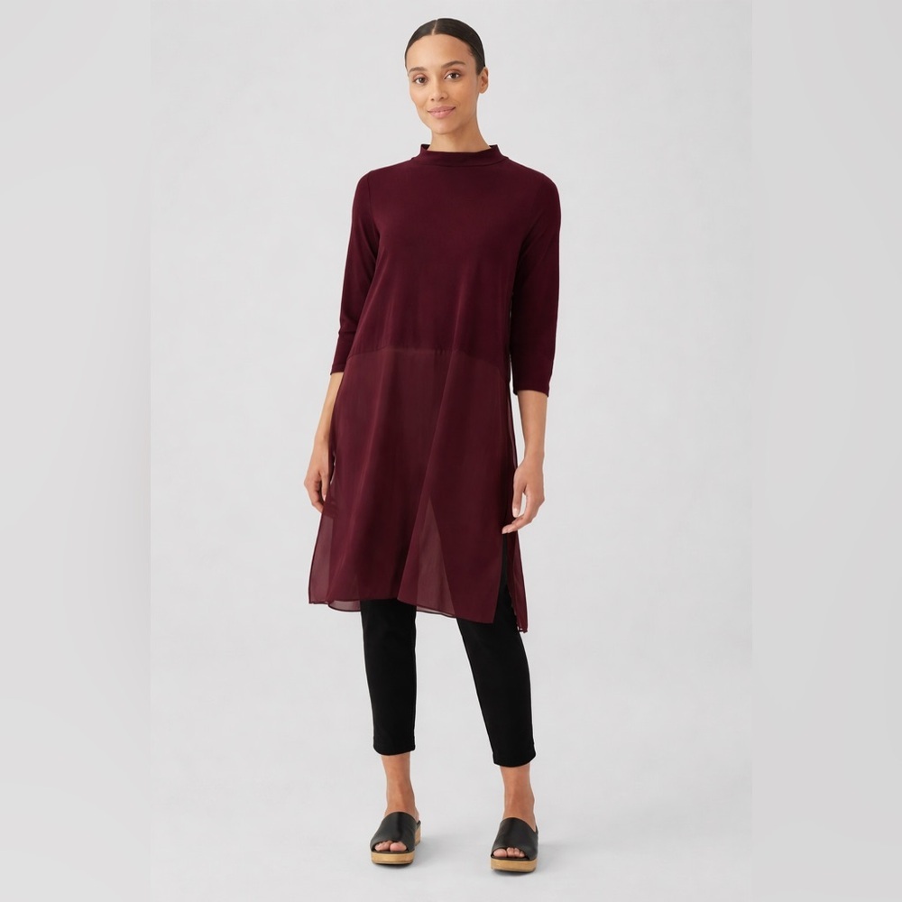 Eileen Fisher Stretch Silk Jersey Mock Neck Top Tunic Sheer Crepe Panel Small